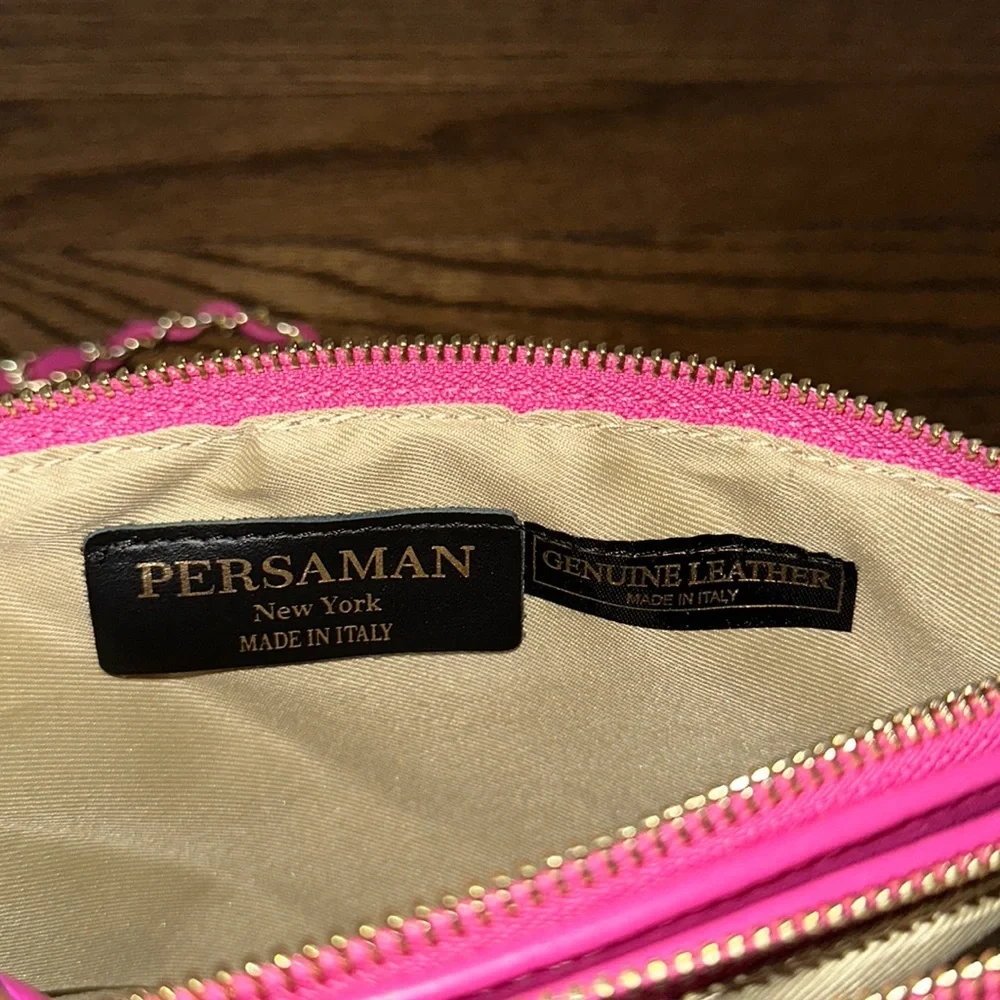 New Pink Persaman NY Genuine Leather 3 Pocket Zip Magnetic Chain Crossbody Bag